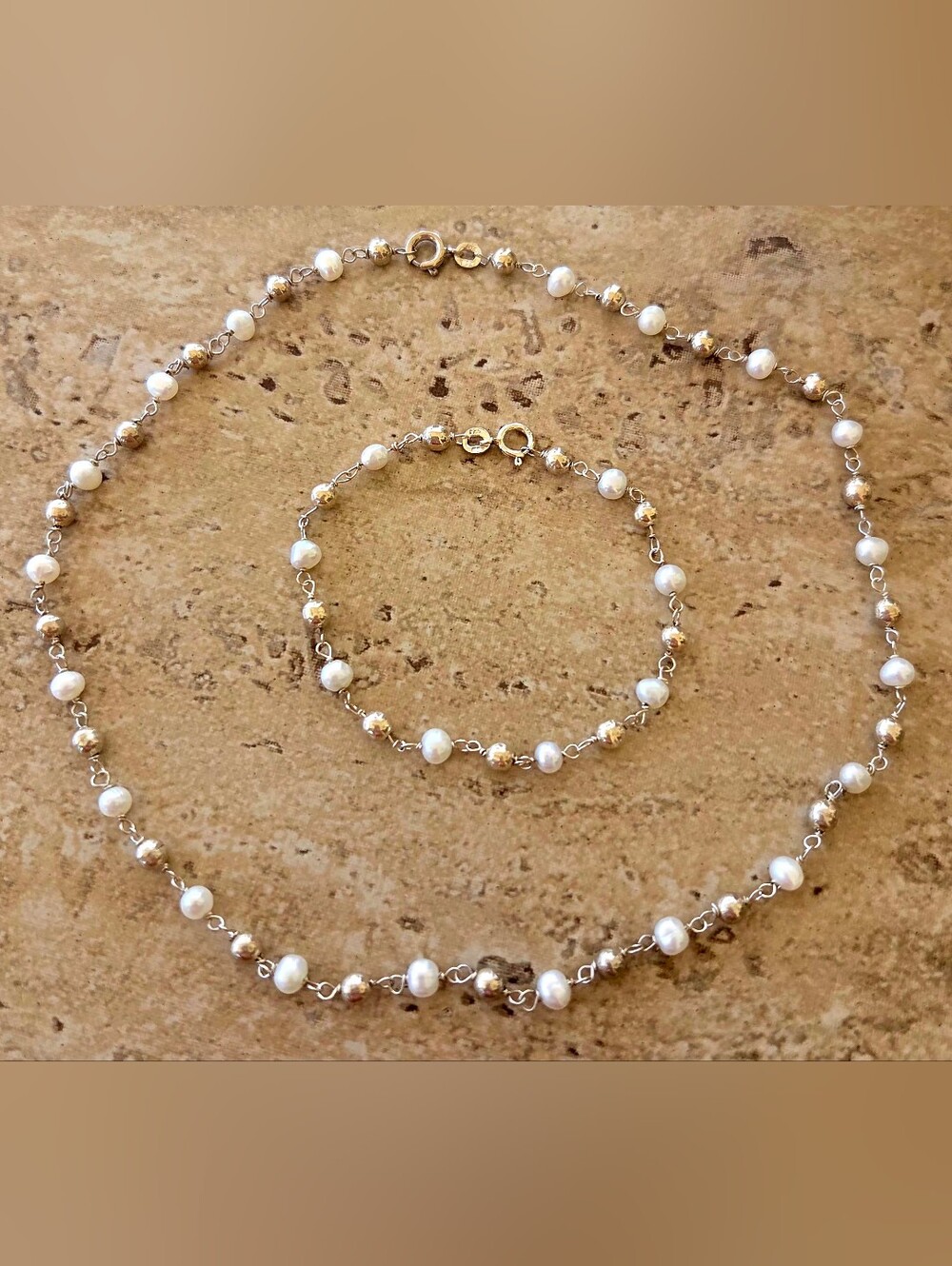 ✨️VTG FAS 925✨️ Gold Vermeil Freshwater Pearl Rosary Chain Necklace Bracelet Set - Picture 5 of 8